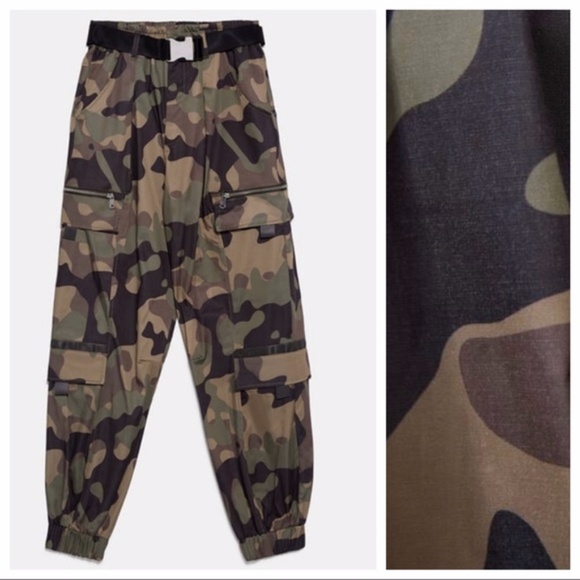 New Zara Belted Camouflage Cargo Nylon Joggers Pants - Picture 5 of 14